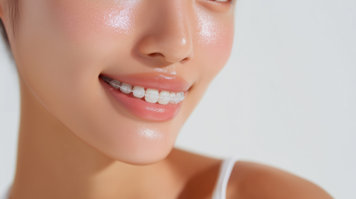 透明なブラケットや白いワイヤーで見た目に配慮された装置で矯正治療をしている女性