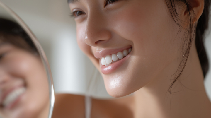 ワイヤー矯正の治療が終わり笑顔を見せる女性