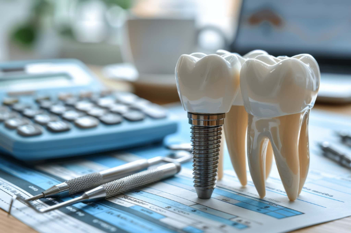 奥歯をインプラントにする場合にかかる費用を示す計算機とインプラントと歯の模型