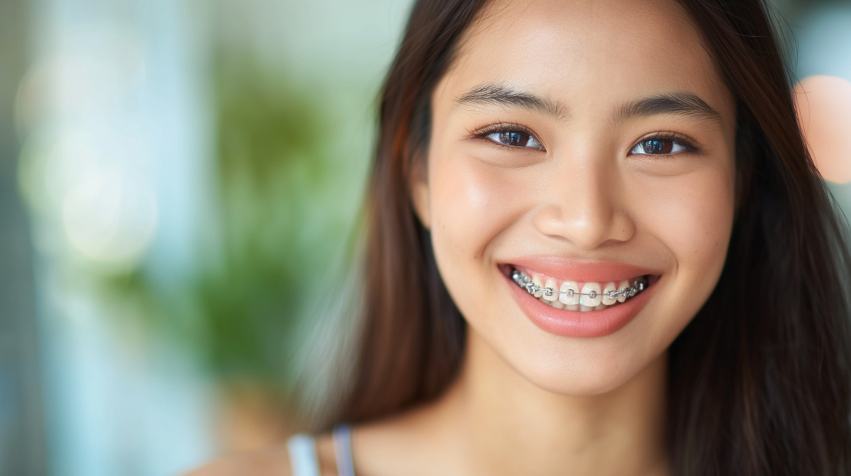ワイヤー矯正中の笑顔の女性