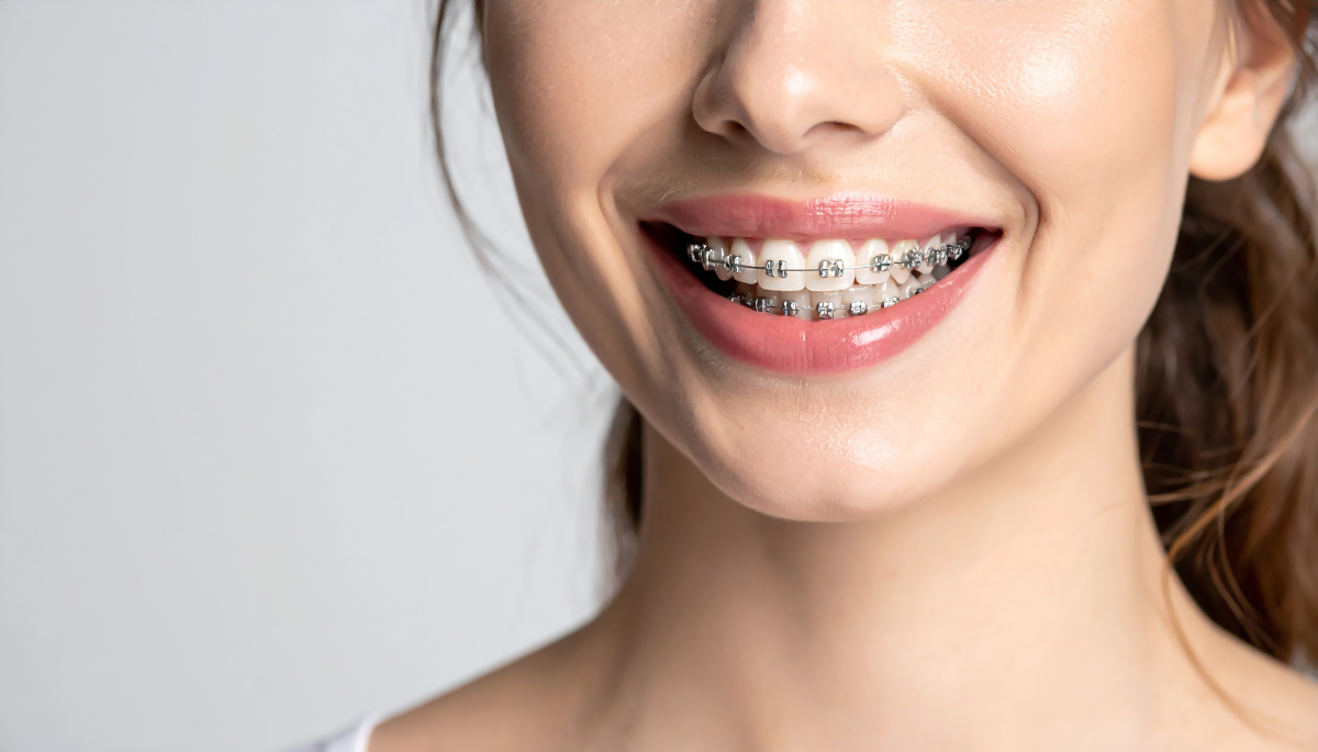 ワイヤー矯正中の女性の口元